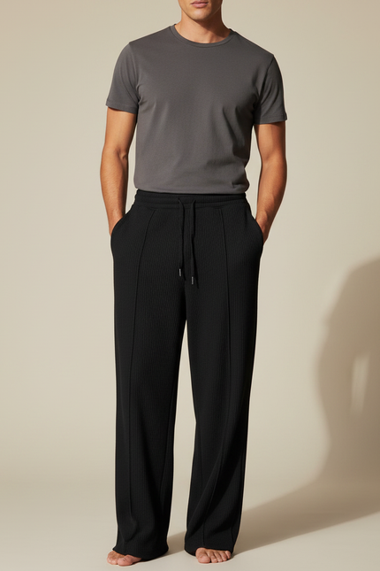 Pantalon Fluide Homme Noir Palazzo Viscose Mi-saison - Cordé