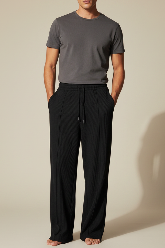 Pantalon Fluide Homme Noir Palazzo Viscose Mi-saison - Cordé