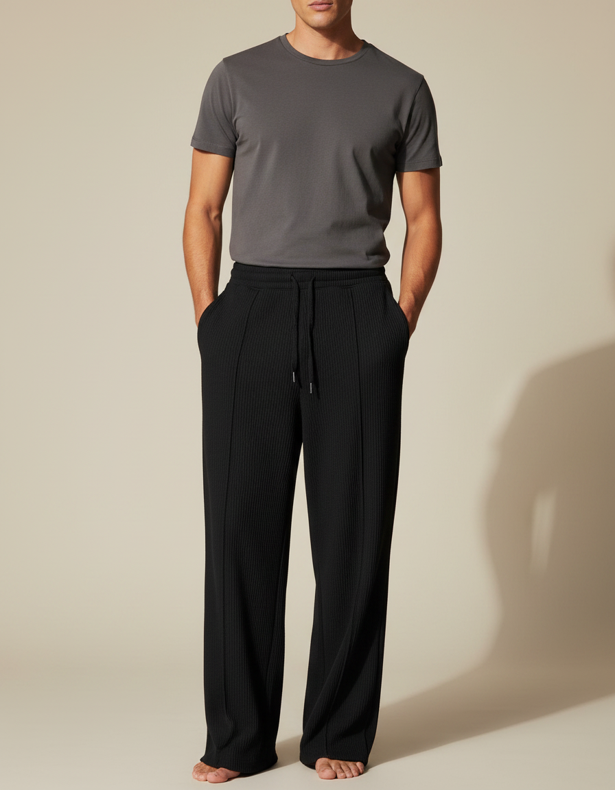 Pantalon Fluide Homme Noir Palazzo Viscose Mi-saison - Cordé