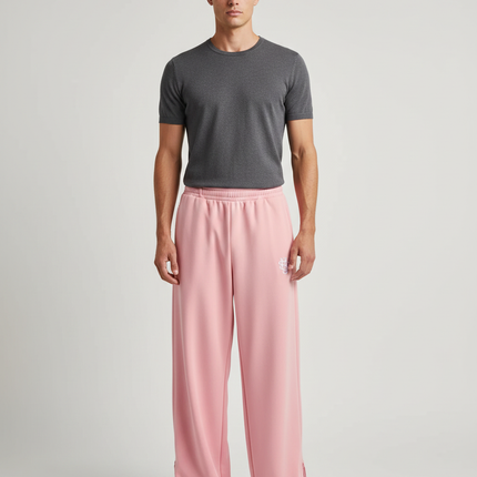 Pantalon Fluide Rose Ample Décontracté Brodé Unisexe - Polyester