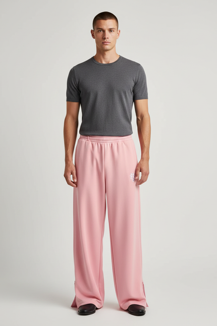Pantalon Fluide Rose Ample Décontracté Brodé Unisexe - Polyester