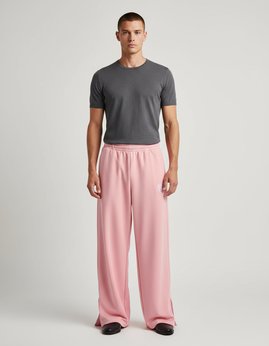 Pantalon Fluide Rose Ample Décontracté Brodé Unisexe - Polyester