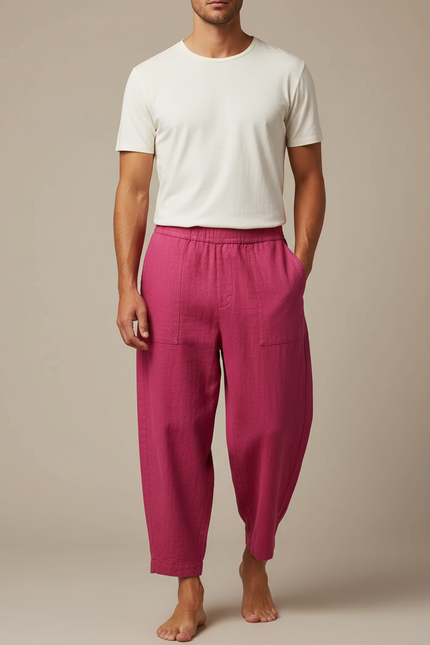 Pantalon Fluide Rose Ample Décontracté Lin Homme