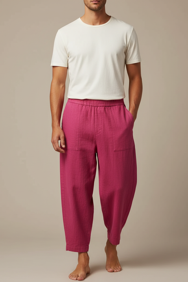Pantalon Fluide Rose Ample Décontracté Lin Homme