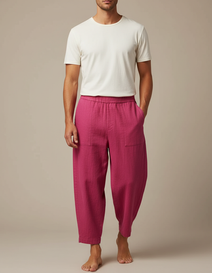 Pantalon Fluide Rose Ample Décontracté Lin Homme