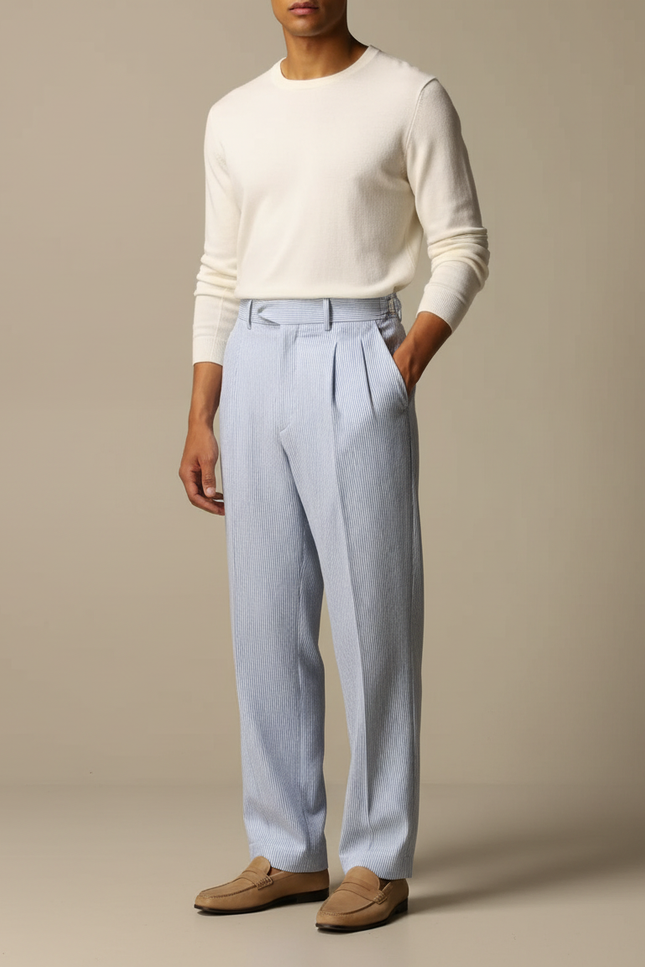 Pantalon Fluide Rayé Bleu Ciel Plissé Décontracté Homme - Lin