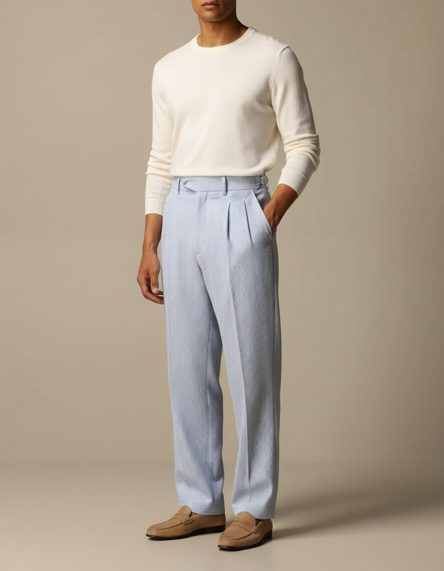 Pantalon Fluide Rayé Bleu Ciel Plissé Décontracté Homme - Lin