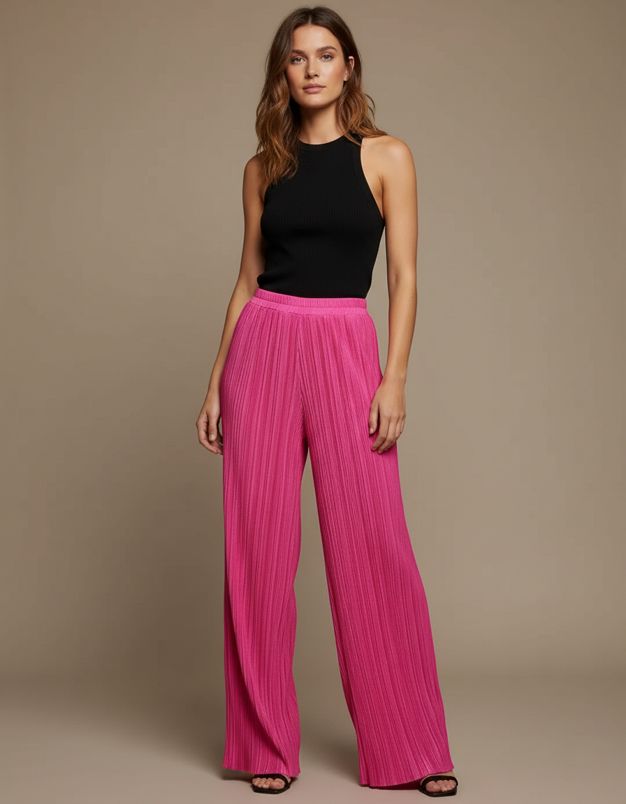 Pantalon Fluide Plissé Rose Ample Élégant Femme - Polyester