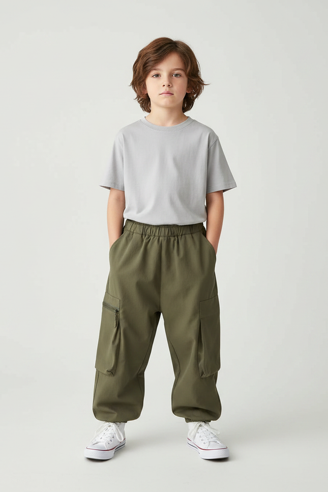 Pantalon Fluide Kaki Ample Cargo Garçon Coton