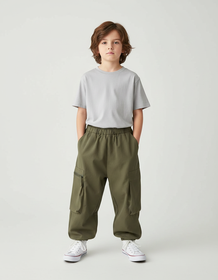 Pantalon Fluide Kaki Ample Cargo Garçon Coton
