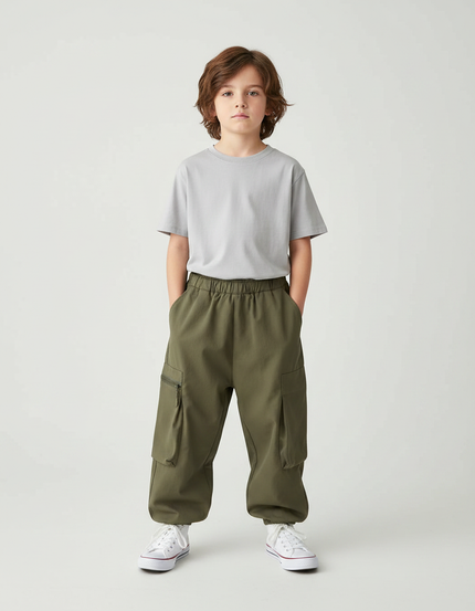 Pantalon Fluide Kaki Ample Cargo Garçon Coton