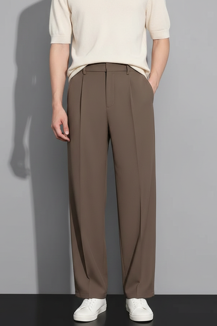 Pantalon Fluide Marron Ample Plissé Homme Décontracté - Polyester