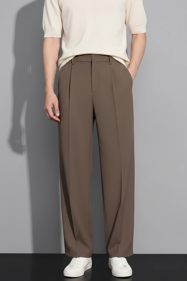 Pantalon Fluide Marron Ample Plissé Homme Décontracté - Polyester