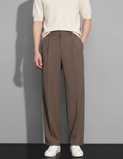 Pantalon Fluide Marron Ample Plissé Homme Décontracté - Polyester