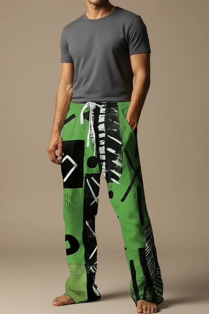Pantalon Fluide Vert Imprimé Abstrait Décontracté Ample Homme - Viscose