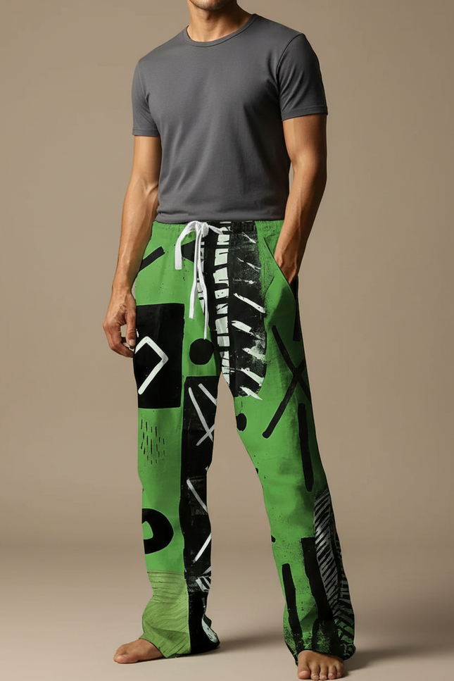 Pantalon Fluide Vert Imprimé Abstrait Décontracté Ample Homme - Viscose