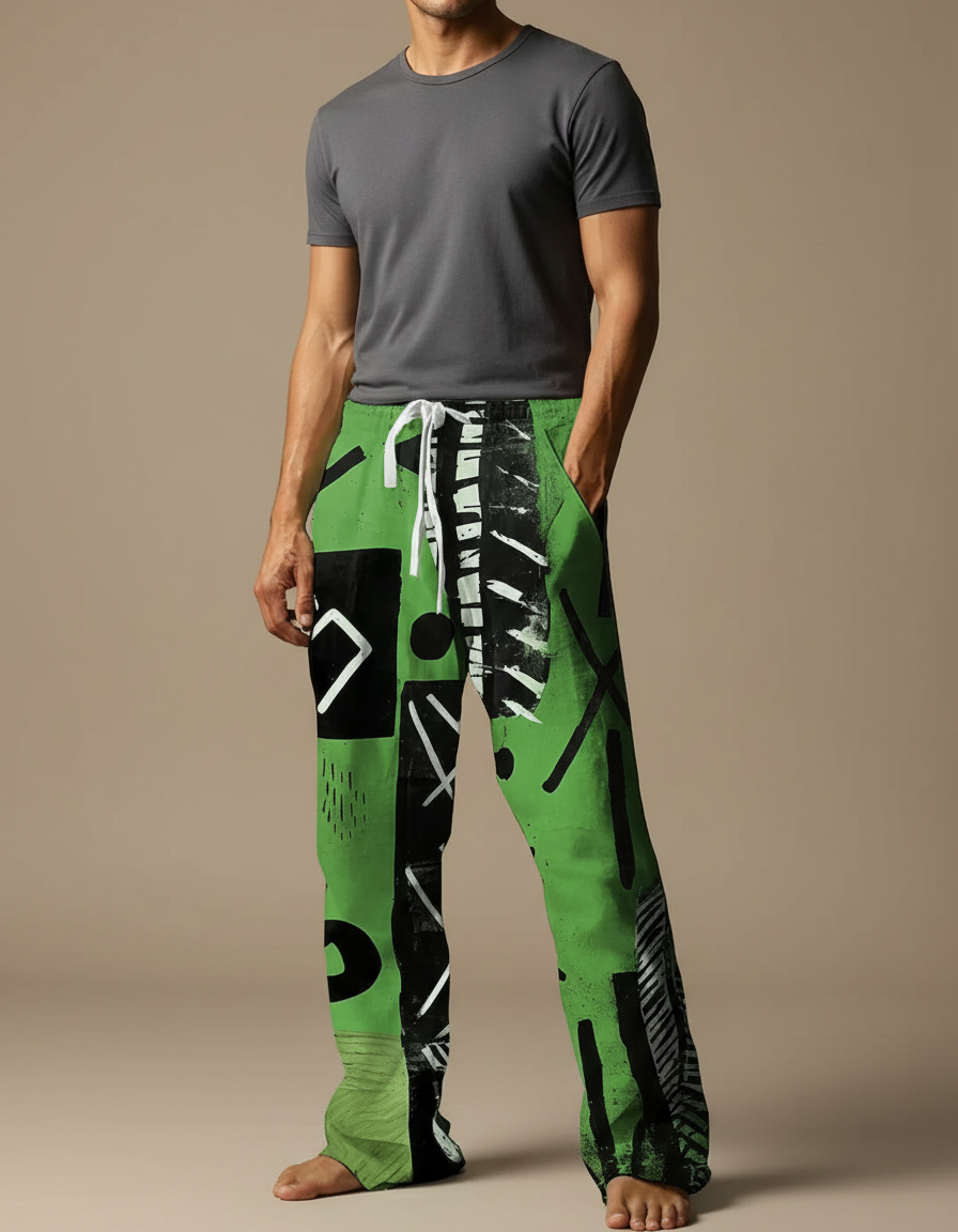 Pantalon Fluide Vert Imprimé Abstrait Décontracté Ample Homme - Viscose