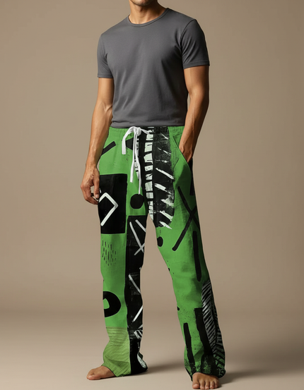 Pantalon Fluide Vert Imprimé Abstrait Décontracté Ample Homme - Viscose