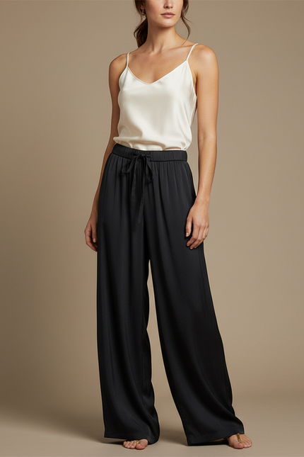 Pantalon Fluide Noir Ample Satiné Taille Haute Femme