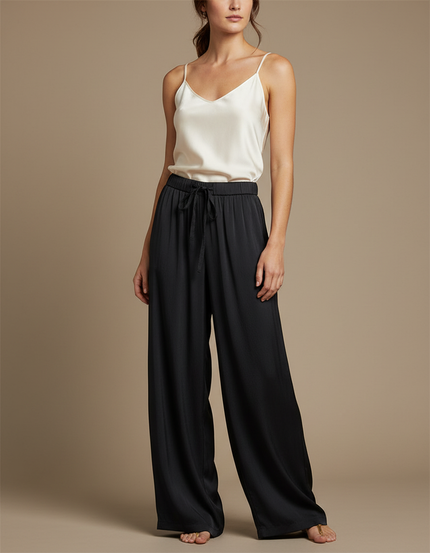 Pantalon Fluide Noir Ample Satiné Taille Haute Femme
