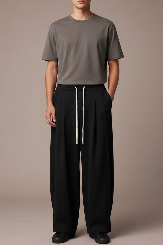 Pantalon Fluide Noir Ample Cordon Homme Sport - Polyester
