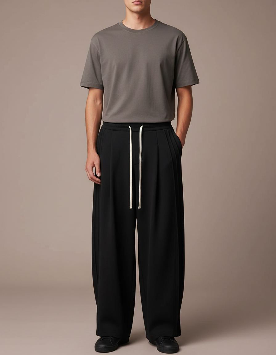 Pantalon Fluide Noir Ample Cordon Homme Sport - Polyester