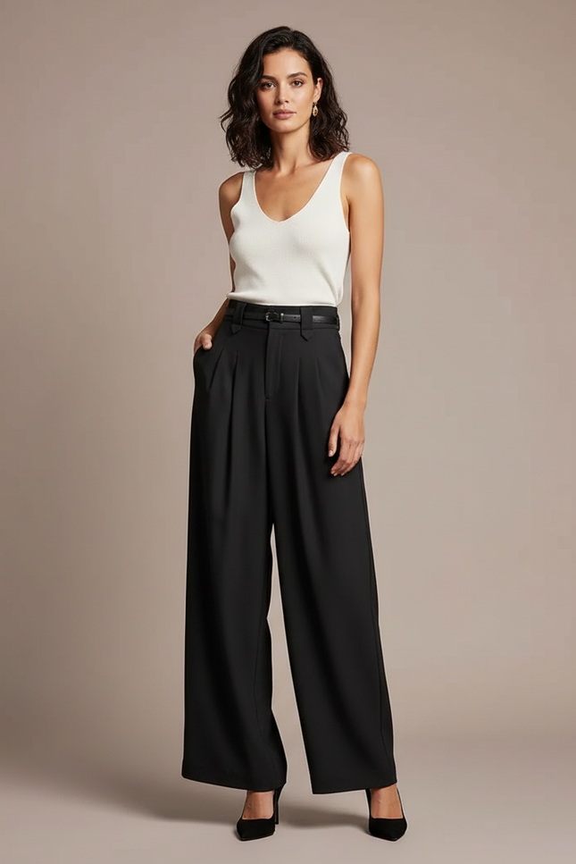 Pantalon Fluide Noir Ample Plissé Ceinturé Élégant - Polyester