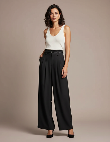 Pantalon Fluide Noir Ample Plissé Ceinturé Élégant - Polyester