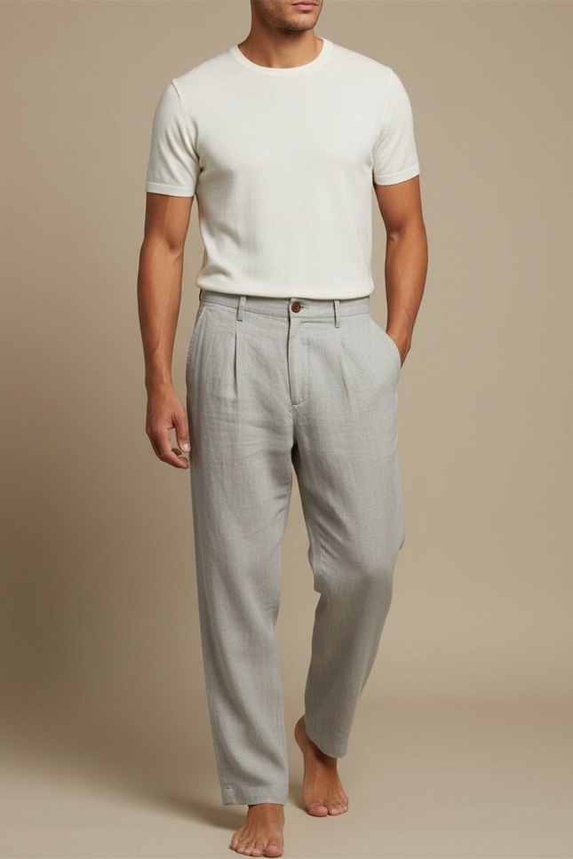 Pantalon Fluide Gris Lin Plissé Décontracté Homme
