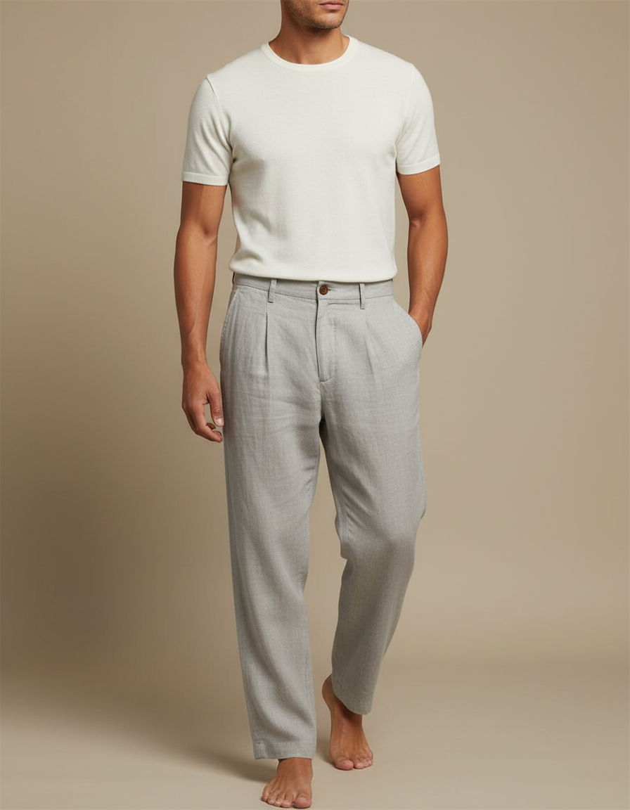 Pantalon Fluide Gris Lin Plissé Décontracté Homme