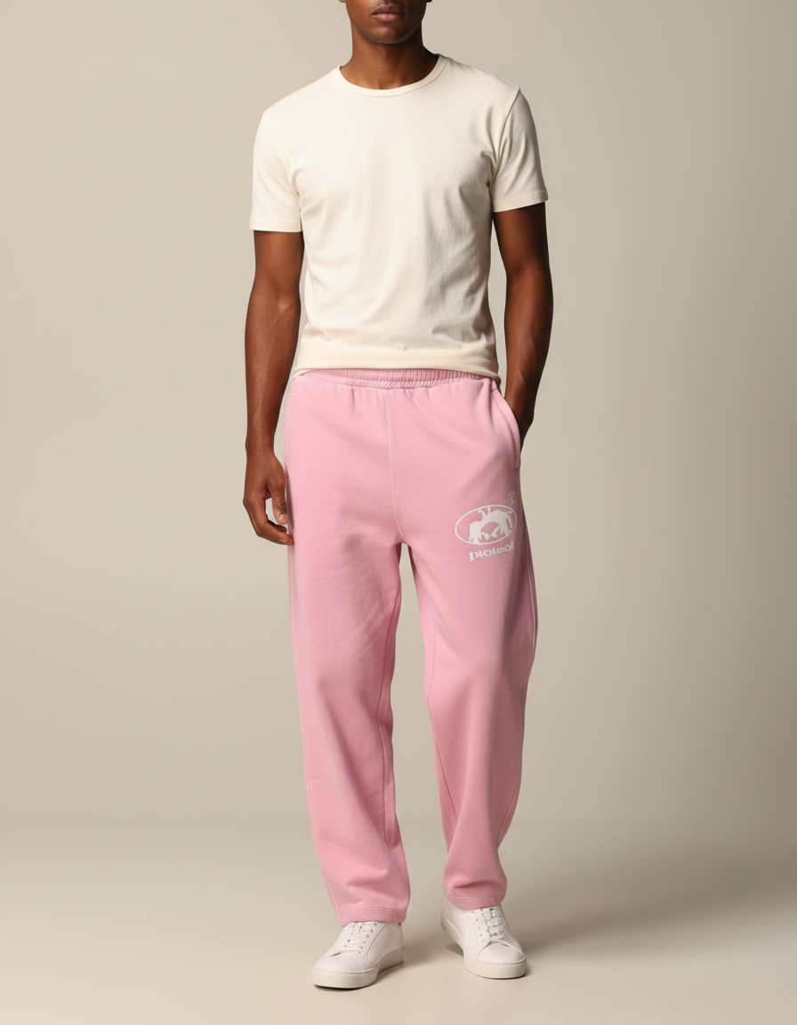 Pantalon Fluide Rose Ample Logo Blanc Décontracté Coton - Molleton