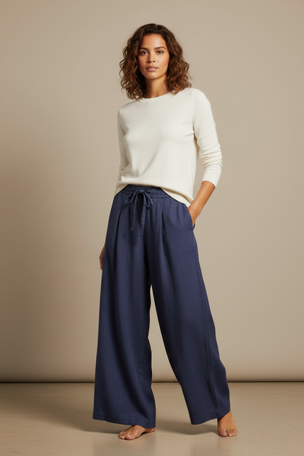 Pantalon Fluide Ample Lin Coton Bleu Marine Cordon