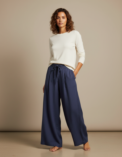 Pantalon Fluide Ample Lin Coton Bleu Marine Cordon