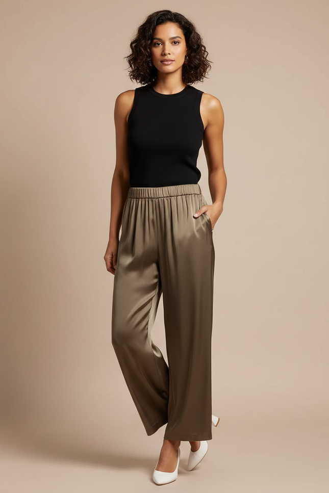 Pantalon Fluide Satiné Ample Kaki Taille Haute