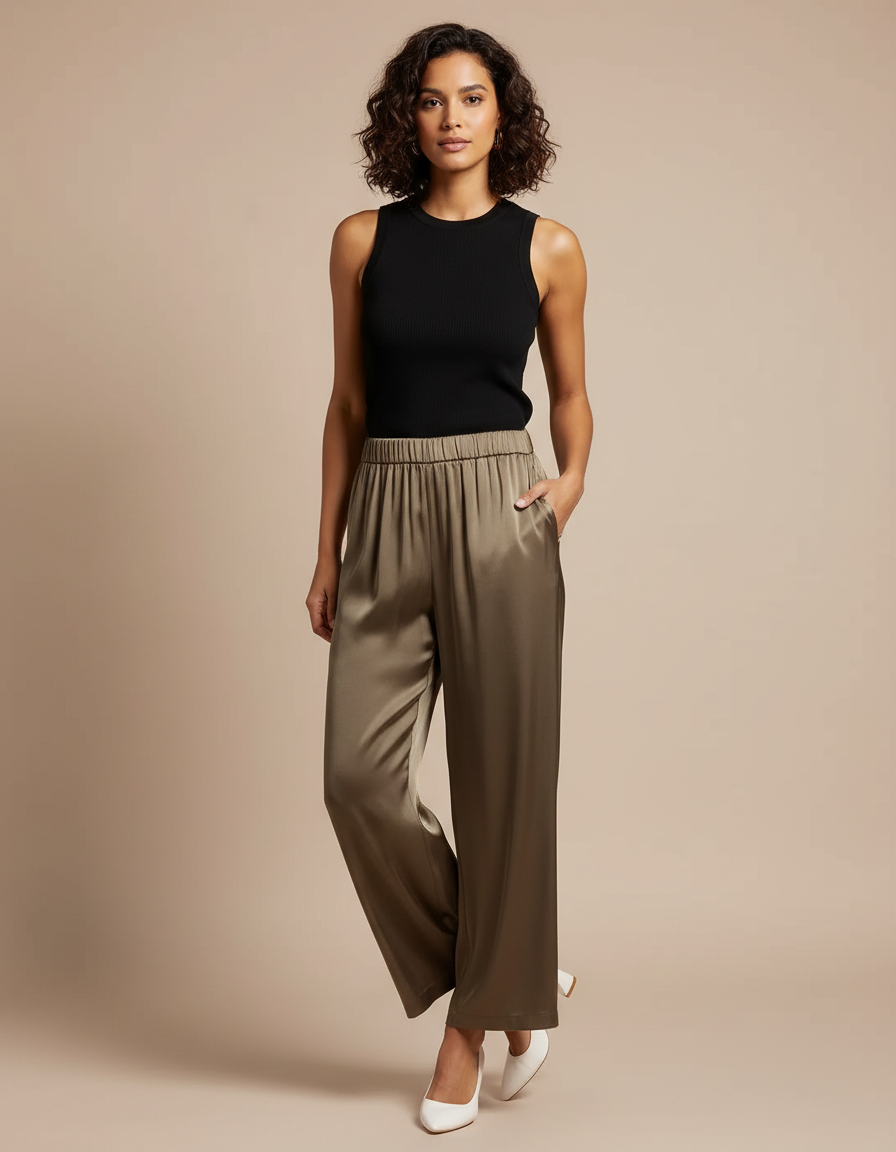 Pantalon Fluide Satiné Ample Kaki Taille Haute