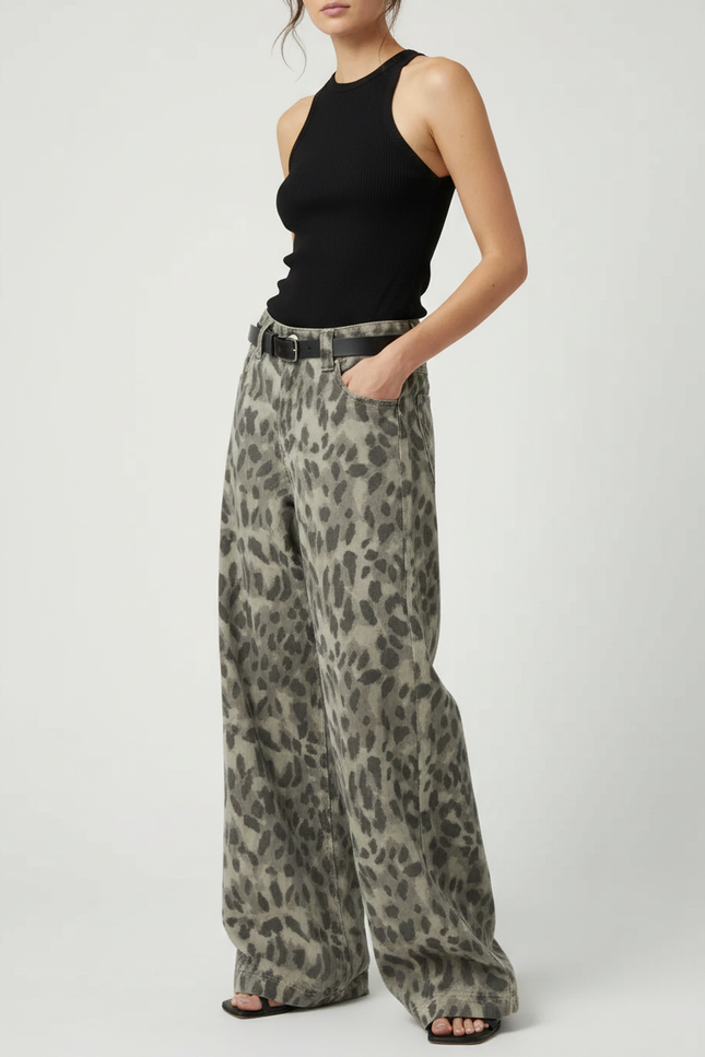 Pantalon Fluide Léopard Gris Ample Décontracté Femme - Imprimé Jean