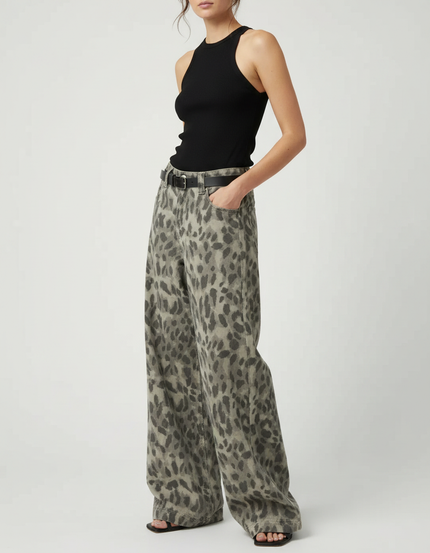 Pantalon Fluide Léopard Gris Ample Décontracté Femme - Imprimé Jean