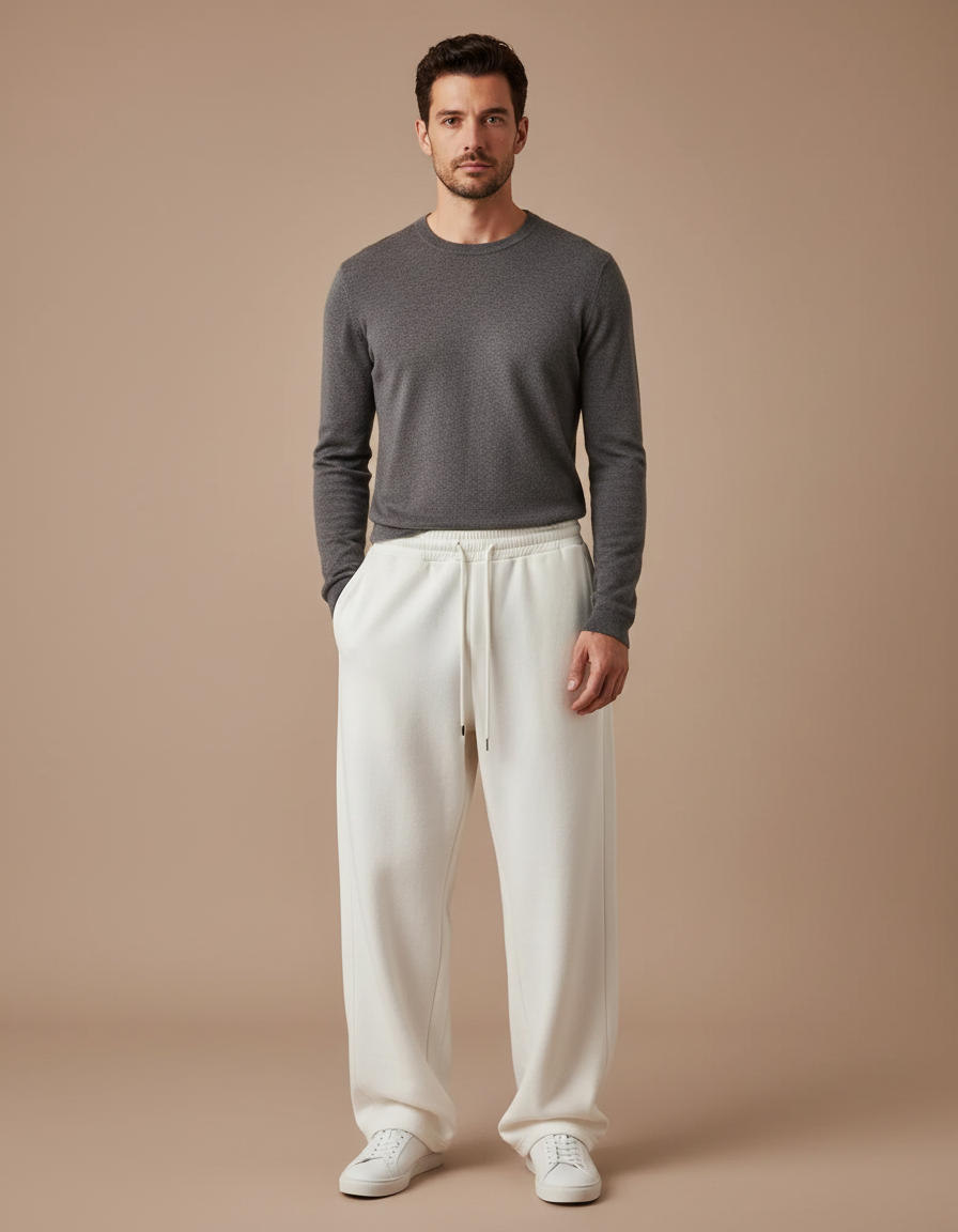 Pantalon Fluide Écru Ample Décontracté Cordon Homme - Beige Molleton