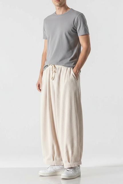 Pantalon Fluide Écru Côtelé Ample Cordon Homme Décontracté - Beige Cordé
