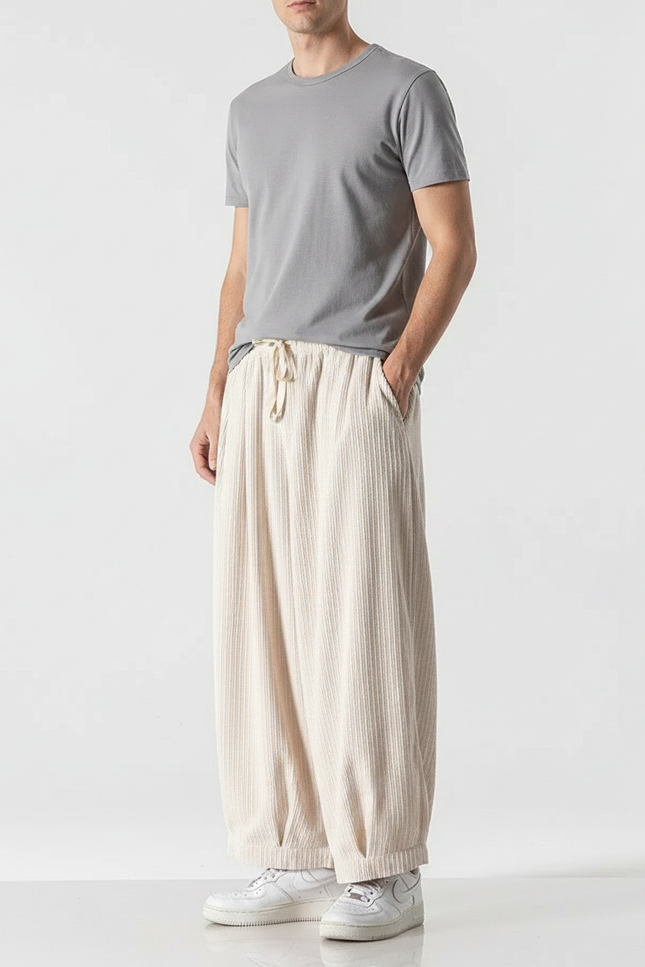 Pantalon Fluide Écru Côtelé Ample Cordon Homme Décontracté - Beige Cordé