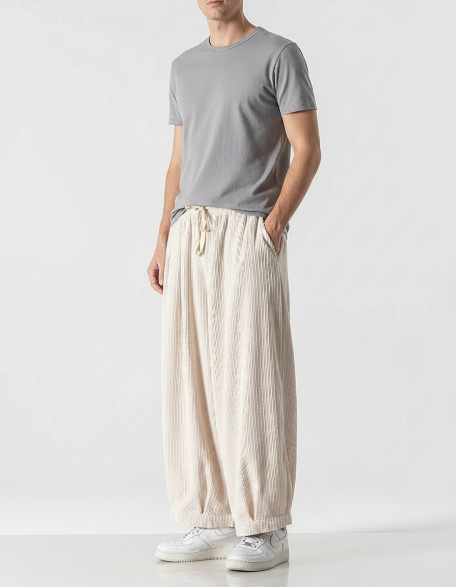 Pantalon Fluide Écru Côtelé Ample Cordon Homme Décontracté - Beige Cordé