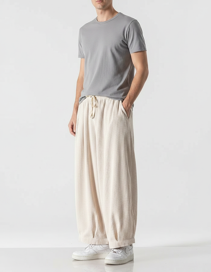 Pantalon Fluide Écru Côtelé Ample Cordon Homme Décontracté - Beige Cordé