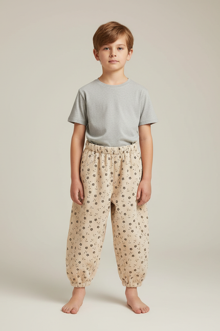 Pantalon Fluide Beige Imprimé Fleurs Ample Coton - Cordé
