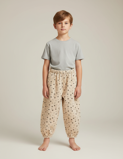 Pantalon Fluide Beige Imprimé Fleurs Ample Coton - Cordé