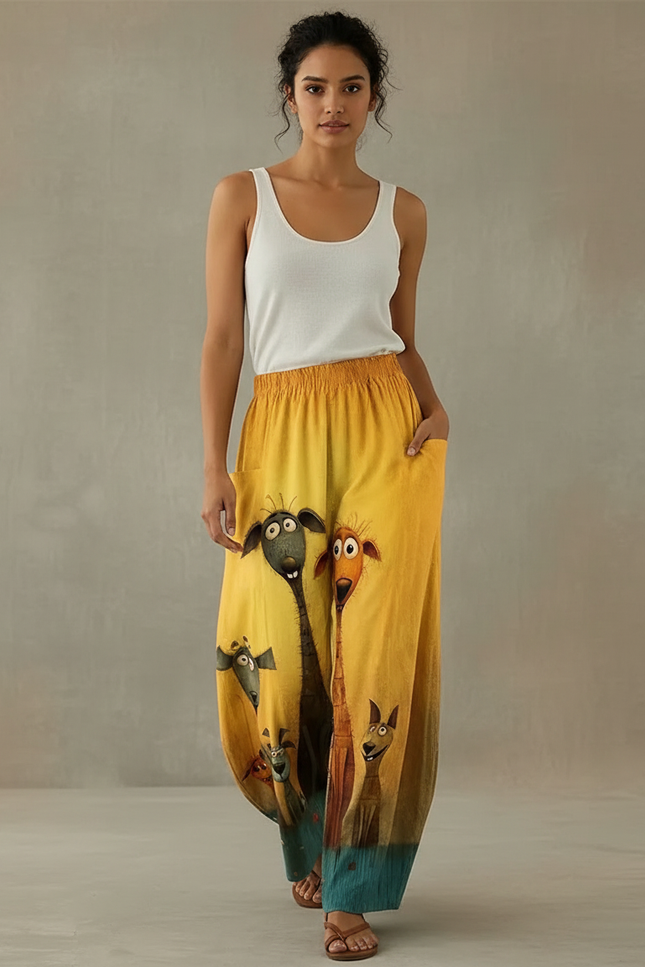 Pantalon Fluide Jaune Ample Imprimé Animaux Décontracté - Lin