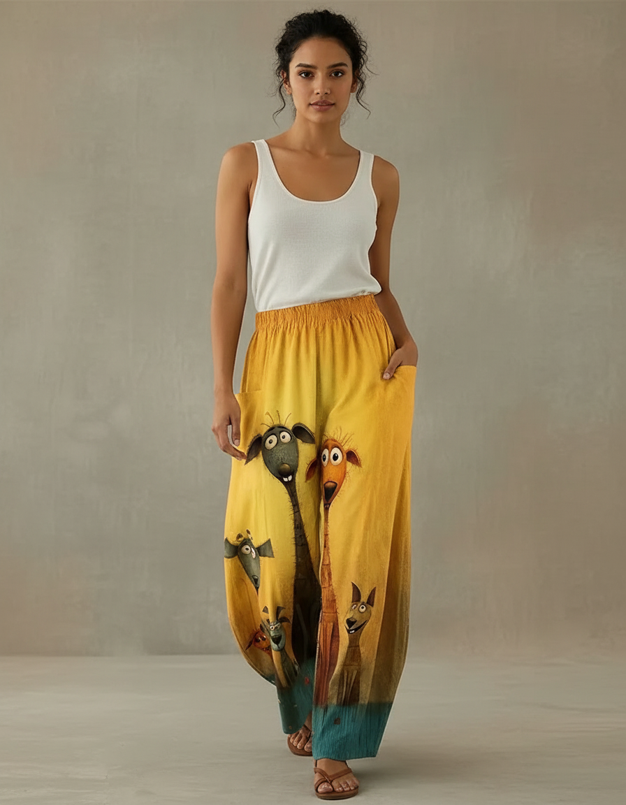 Pantalon Fluide Jaune Ample Imprimé Animaux Décontracté - Lin