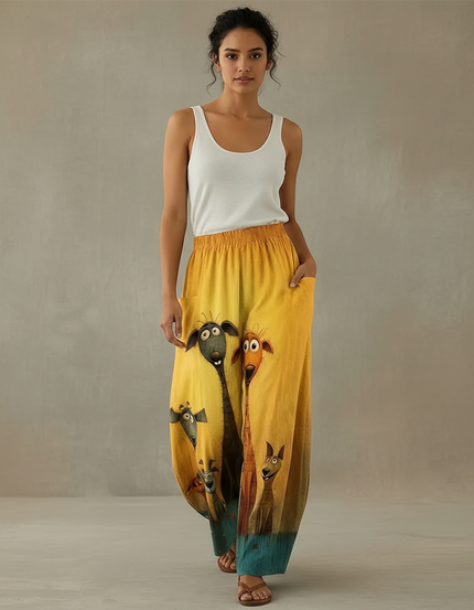 Pantalon Fluide Jaune Ample Imprimé Animaux Décontracté - Lin