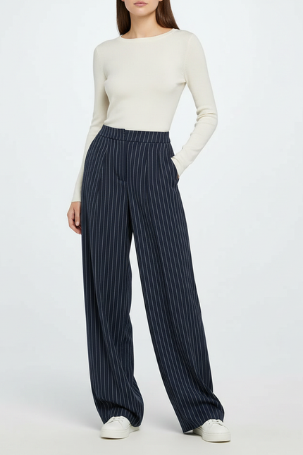 Pantalon Fluide Rayé Bleu Marine Large Élégant Femme - Viscose