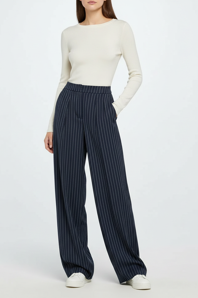 Pantalon Fluide Rayé Bleu Marine Large Élégant Femme - Viscose