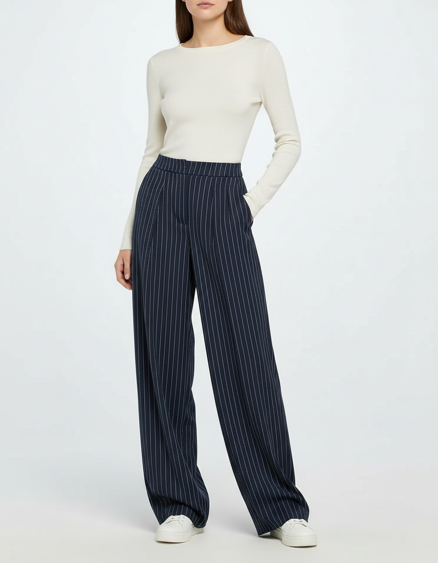 Pantalon Fluide Rayé Bleu Marine Large Élégant Femme - Viscose